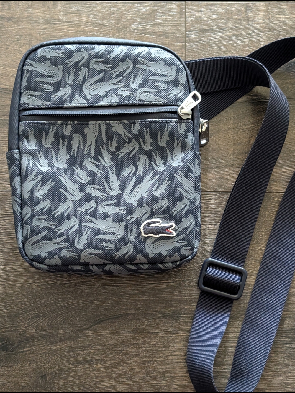 Lacoste Men’s Navy and Light Gray Croc-Print Belt Bag